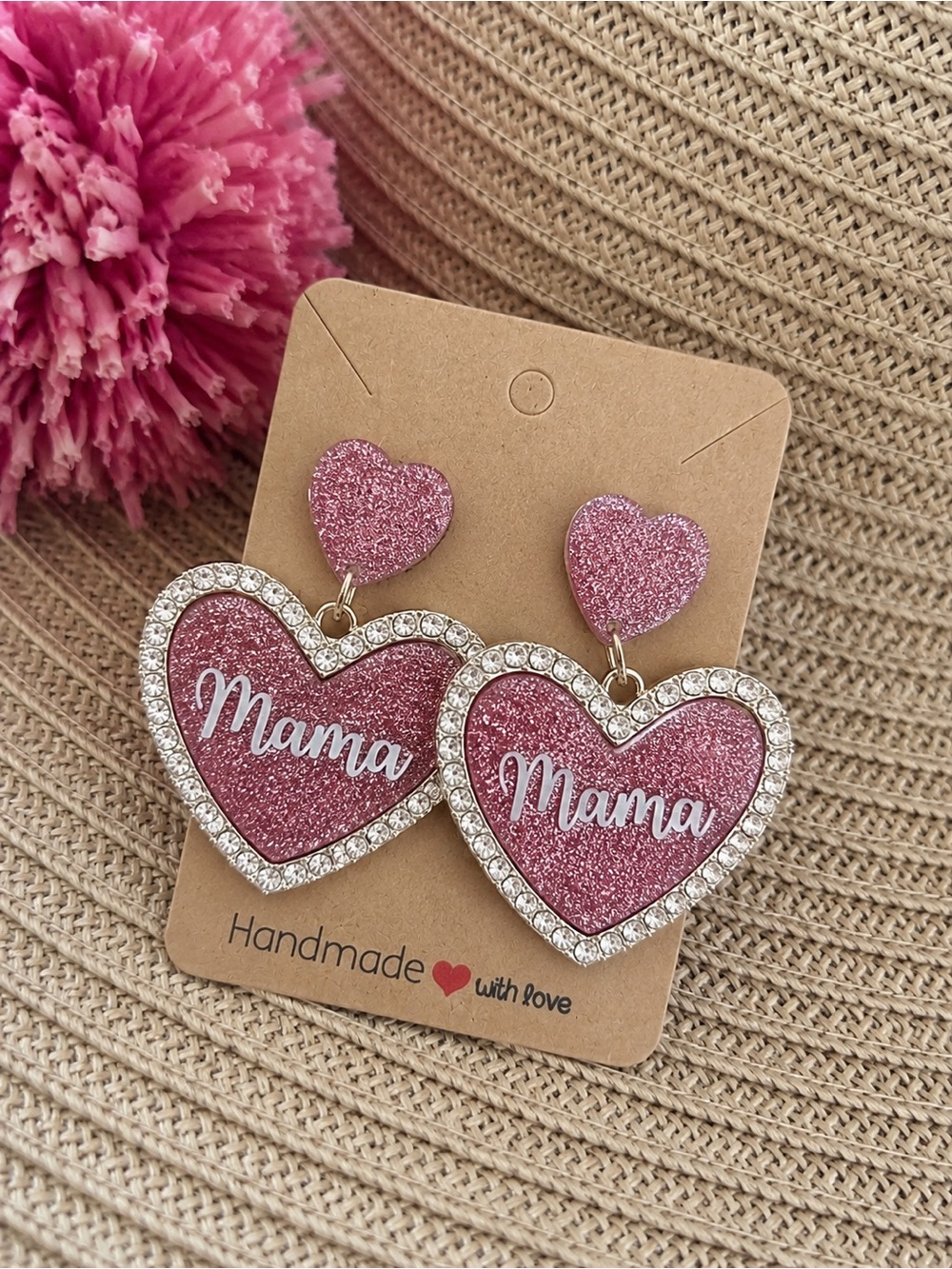 Handmade Pink Glitter Mama Heart Earrings | Lightweight Statement Dangles